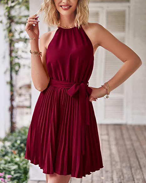 Women's Chiffon Dress Elegant Halter Neck Ruched Sleeveless Solid Color Knee-Length Daily display picture 11