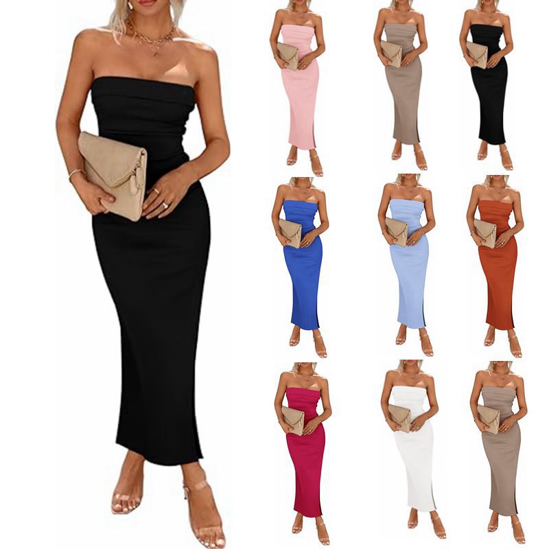 Women's Sheath Dress Slit Dress Sexy Strapless Sleeveless Solid Color Midi Dress Daily Beach Date display picture 9