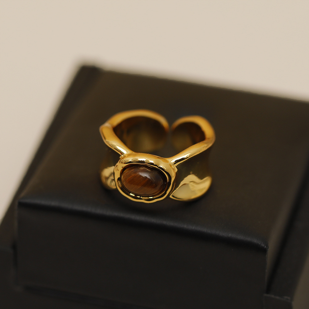 Großhandel Einfacher Stil Geometrisch Kupfer Inlay 18 Karat Vergoldet Tigerauge Offener Ring display picture 3
