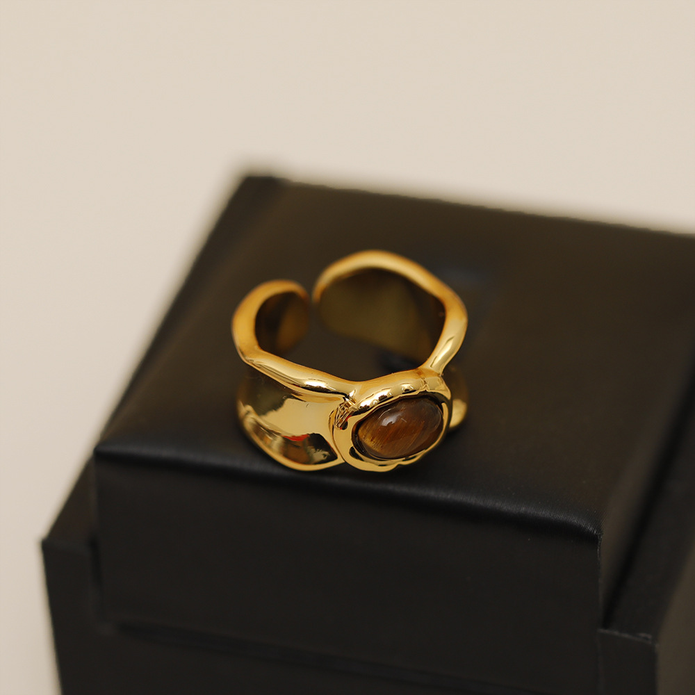 Großhandel Einfacher Stil Geometrisch Kupfer Inlay 18 Karat Vergoldet Tigerauge Offener Ring display picture 5