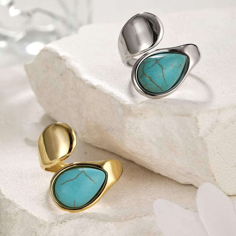 304 Stainless Steel Elegant Simple Style Inlay Water Droplets Turquoise Open Rings display picture 4