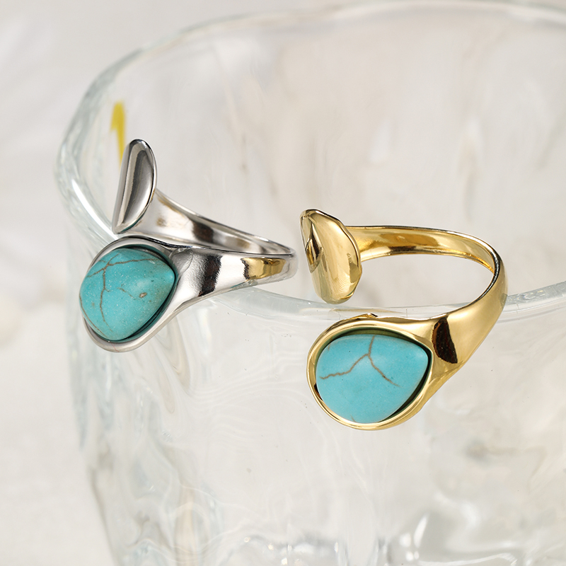 304 Stainless Steel Elegant Simple Style Inlay Water Droplets Turquoise Open Rings display picture 6