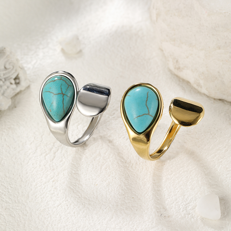304 Stainless Steel Elegant Simple Style Inlay Water Droplets Turquoise Open Rings display picture 10