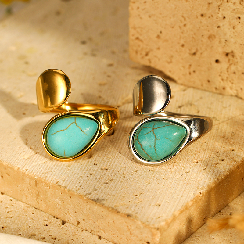 304 Stainless Steel Elegant Simple Style Inlay Water Droplets Turquoise Open Rings display picture 9