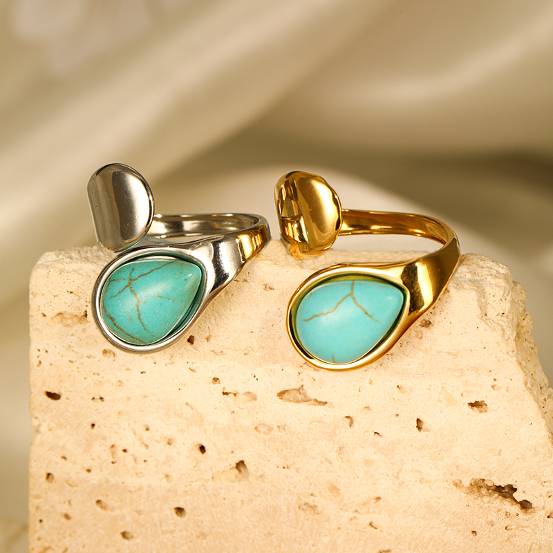 304 Stainless Steel Elegant Simple Style Inlay Water Droplets Turquoise Open Rings display picture 2