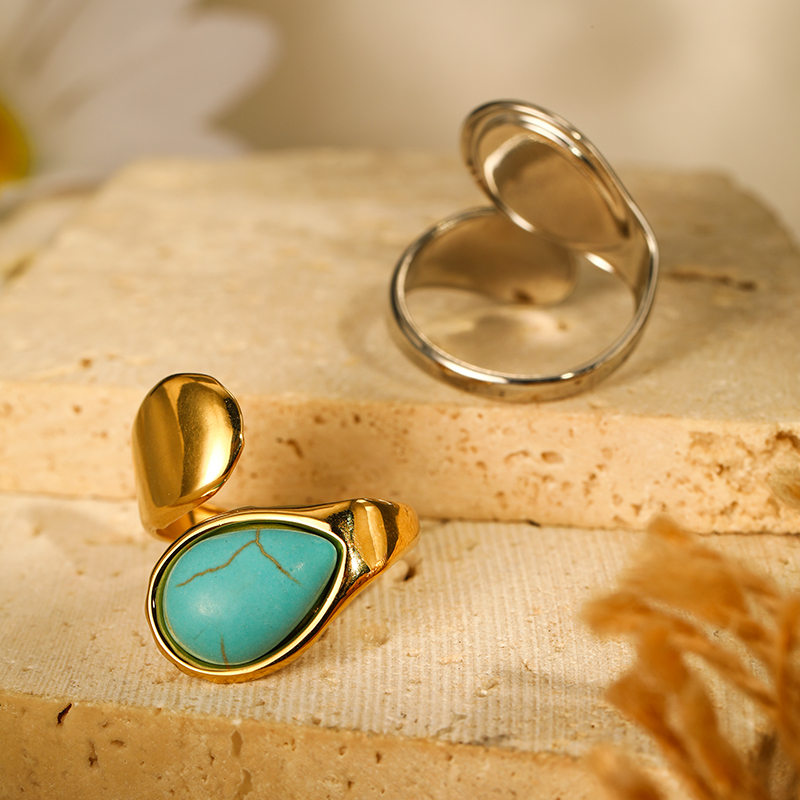 304 Stainless Steel Elegant Simple Style Inlay Water Droplets Turquoise Open Rings display picture 7
