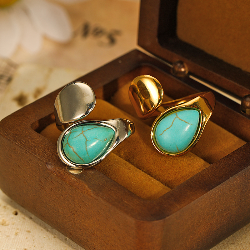 304 Stainless Steel Elegant Simple Style Inlay Water Droplets Turquoise Open Rings display picture 1