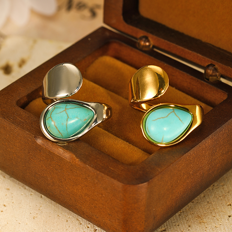304 Stainless Steel Elegant Simple Style Inlay Water Droplets Turquoise Open Rings display picture 3