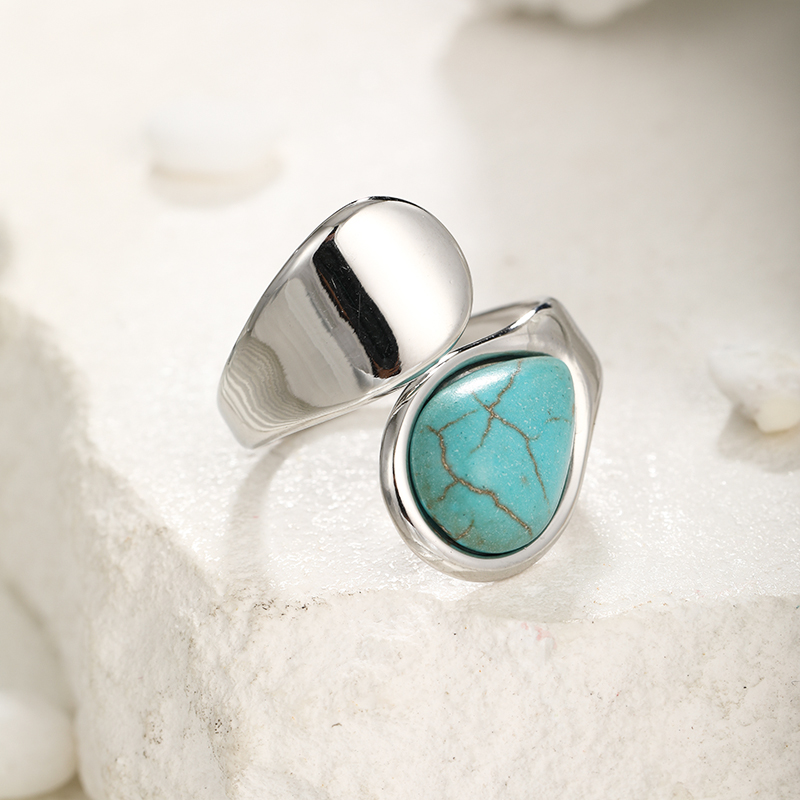 304 Stainless Steel Elegant Simple Style Inlay Water Droplets Turquoise Open Rings display picture 11
