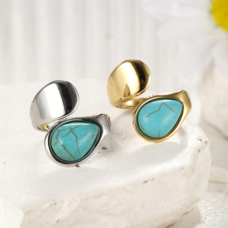 304 Stainless Steel Elegant Simple Style Inlay Water Droplets Turquoise Open Rings display picture 15
