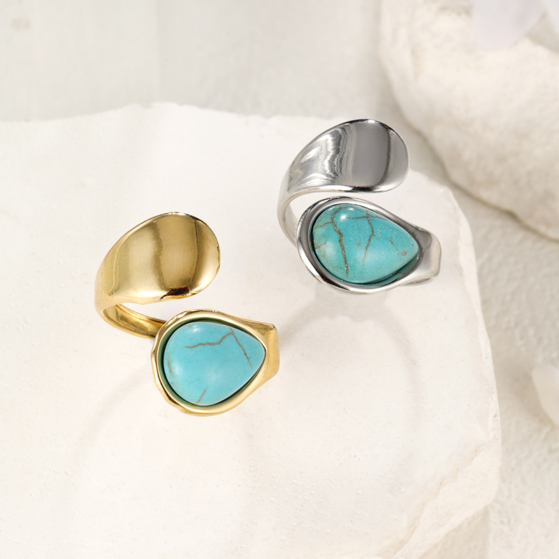 304 Stainless Steel Elegant Simple Style Inlay Water Droplets Turquoise Open Rings display picture 12