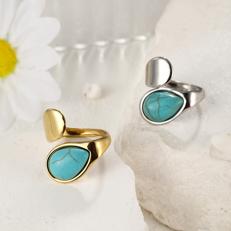 304 Stainless Steel Elegant Simple Style Inlay Water Droplets Turquoise Open Rings display picture 14