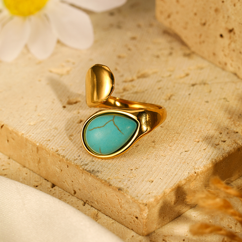 304 Stainless Steel Elegant Simple Style Inlay Water Droplets Turquoise Open Rings display picture 16