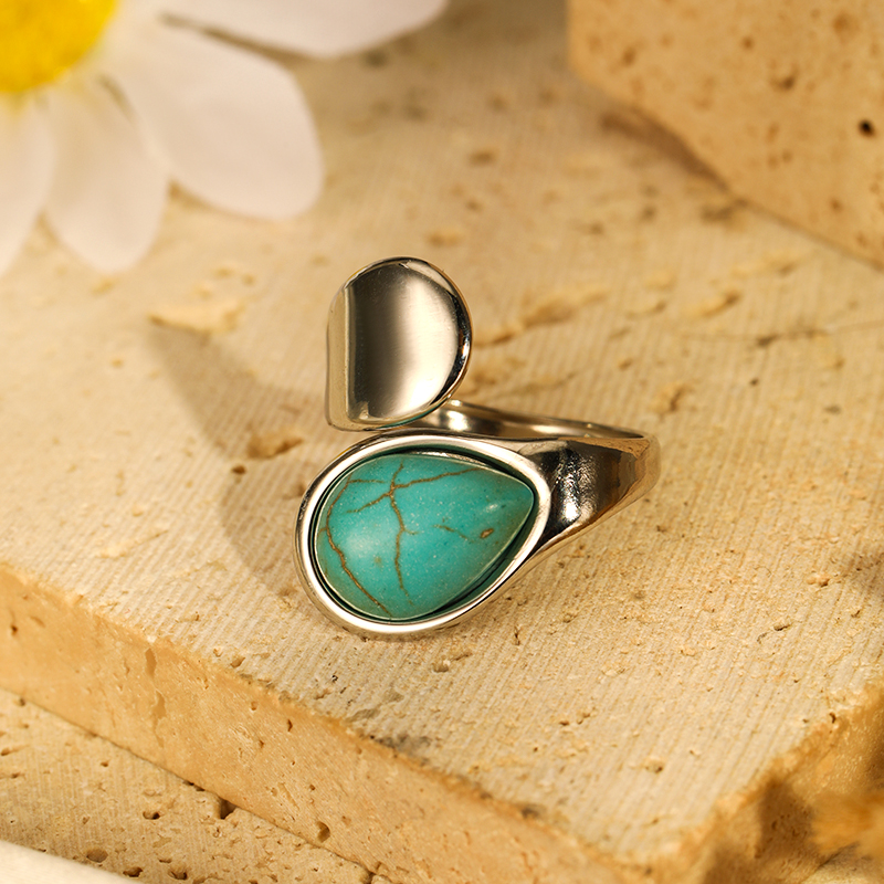 304 Stainless Steel Elegant Simple Style Inlay Water Droplets Turquoise Open Rings display picture 17