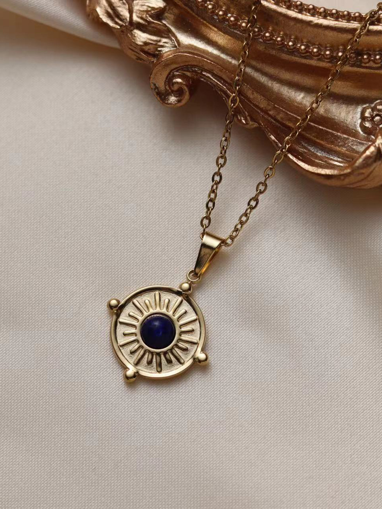 Stainless Steel 18K Gold Plated Vintage Style French Style Inlay Round Oval Eye Natural Stone Pendant Necklace display picture 17