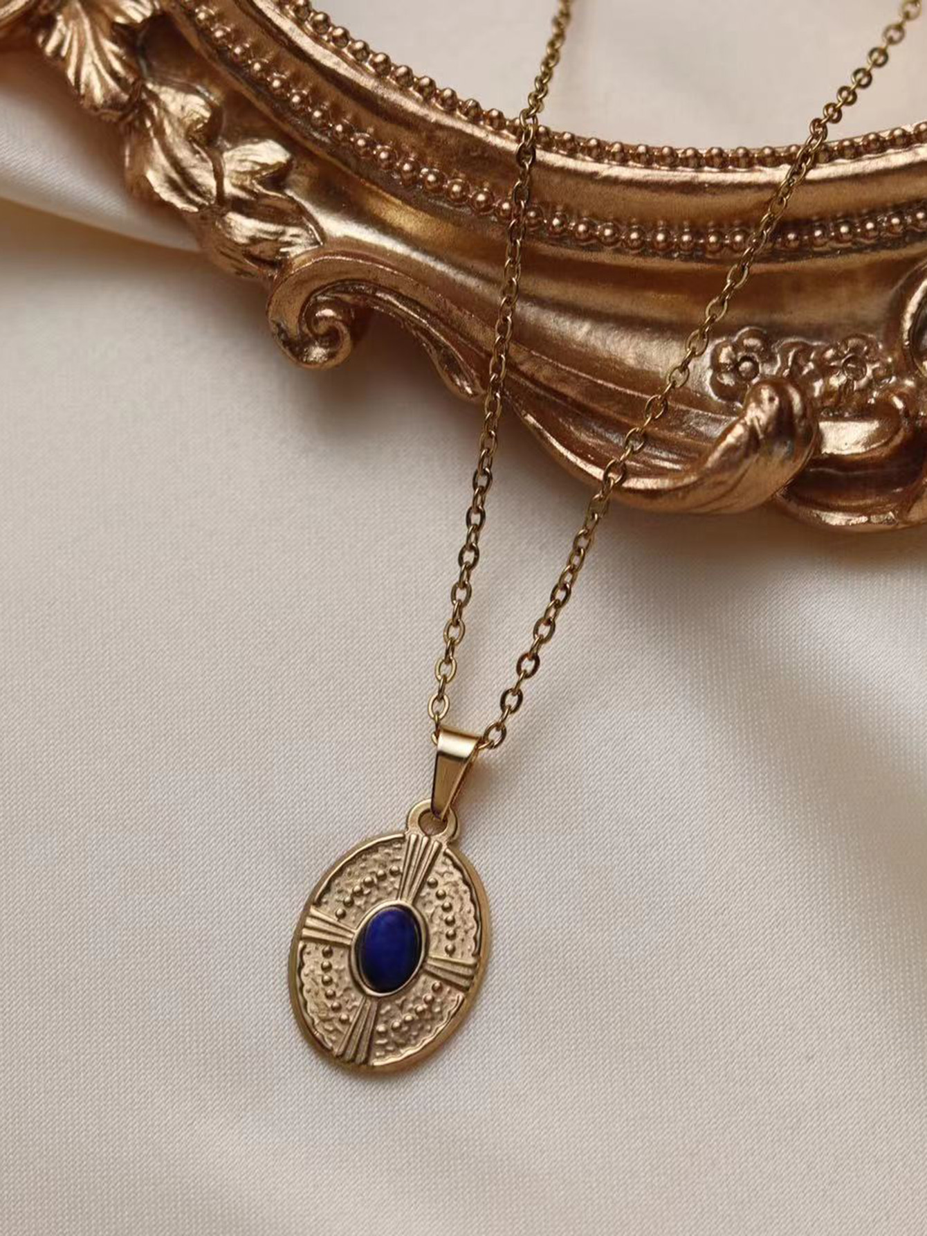 Stainless Steel 18K Gold Plated Vintage Style French Style Inlay Round Oval Eye Natural Stone Pendant Necklace display picture 15