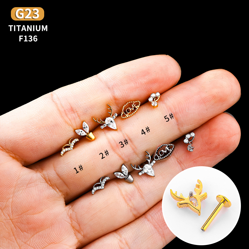 1 Piece Lip Rings Classic Style Deer Titanium Alloy Hollow Out Zircon Gold Plated Lip Rings Ear Cartilage Rings & Studs display picture 7
