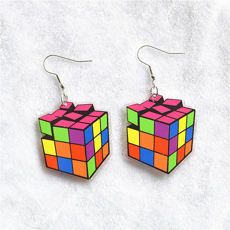 1 Pair Cute Funny Geometric Rubik'S Cube Arylic Alloy Drop Earrings display picture 5