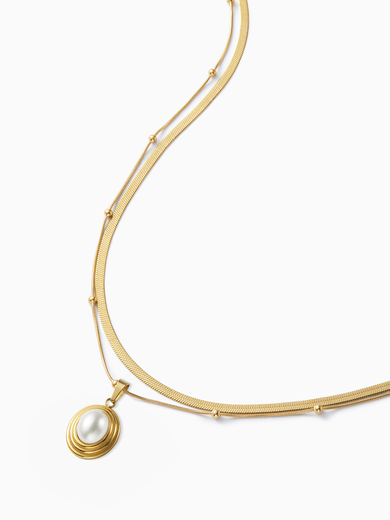 Acero Inoxidable Chapados en oro de 18k Elegante Estilo Francés Embutido Oval Perlas Artificiales Collares De Doble Capa display picture 4