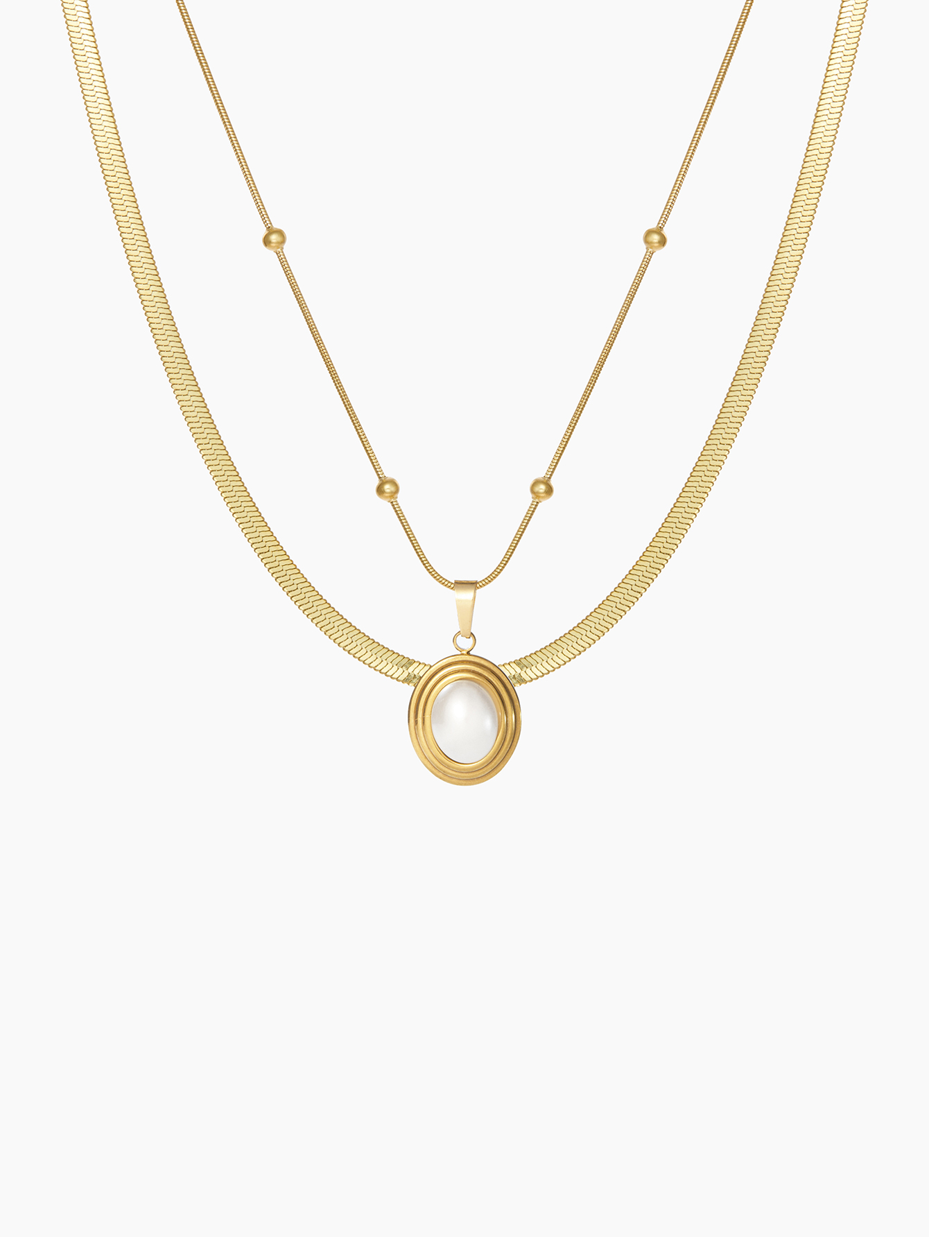 Acero Inoxidable Chapados en oro de 18k Elegante Estilo Francés Embutido Oval Perlas Artificiales Collares De Doble Capa display picture 5