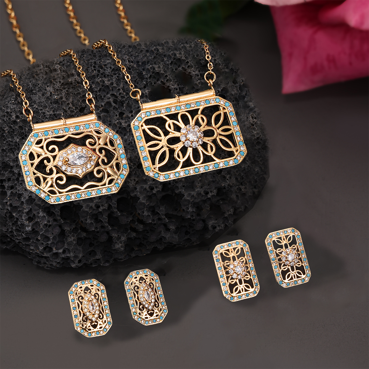 Copper 18K Gold Plated Ethnic Style Pastoral Simple Style Hollow Out Inlay Printing Zircon Jewelry Set display picture 4