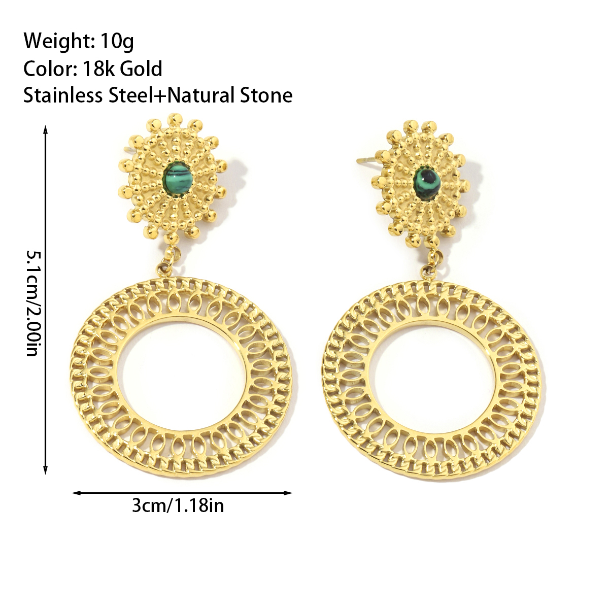 1 Pair Retro Round Inlay Titanium Steel Natural Stone 18K Gold Plated Drop Earrings display picture 3