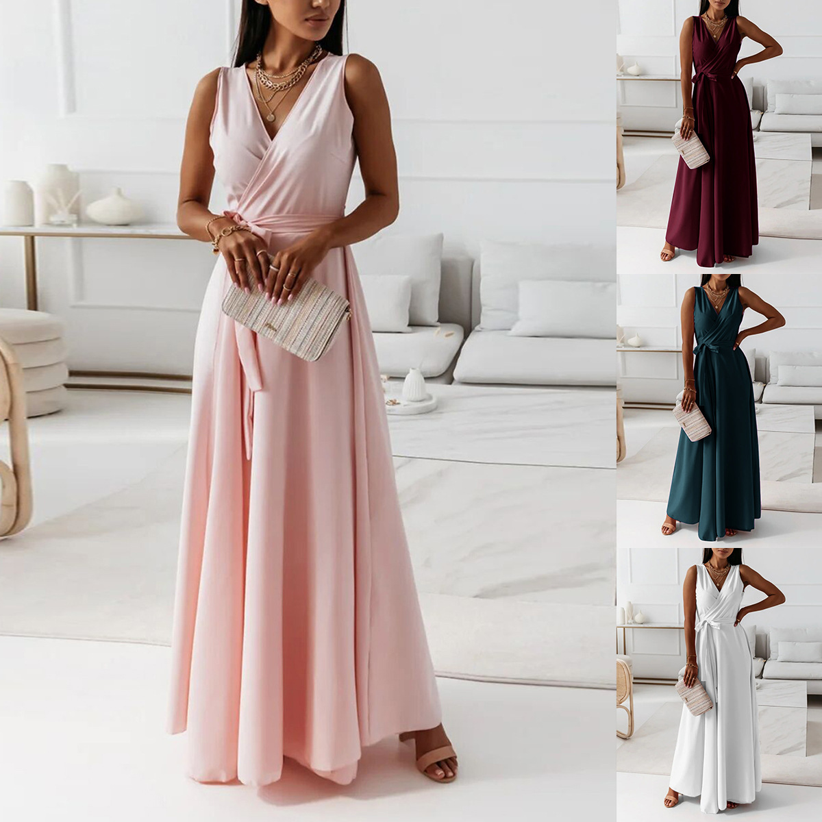 Women's Party Dress Elegant V Neck Sleeveless Solid Color Maxi Long Dress Daily display picture 28