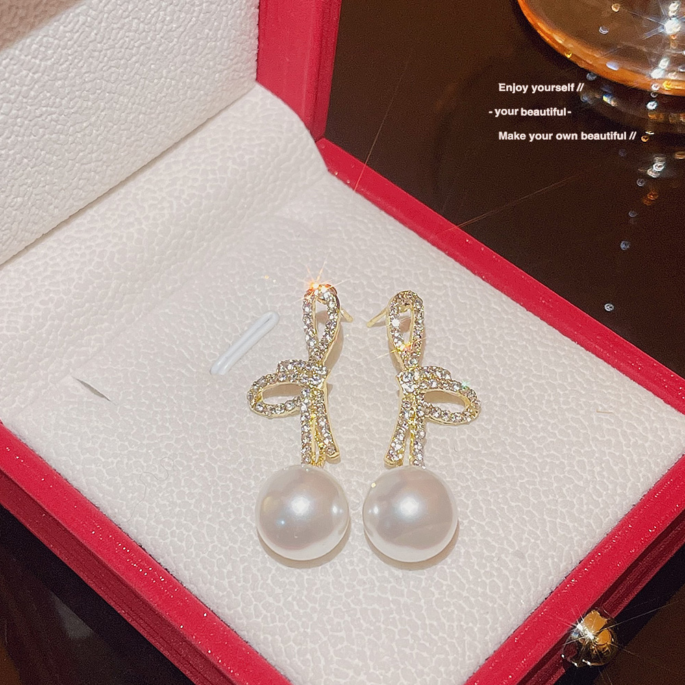 1 Piece IG Style Pearl Bow Knot Inlay Alloy Zircon 18K Gold Plated Drop Earrings display picture 3