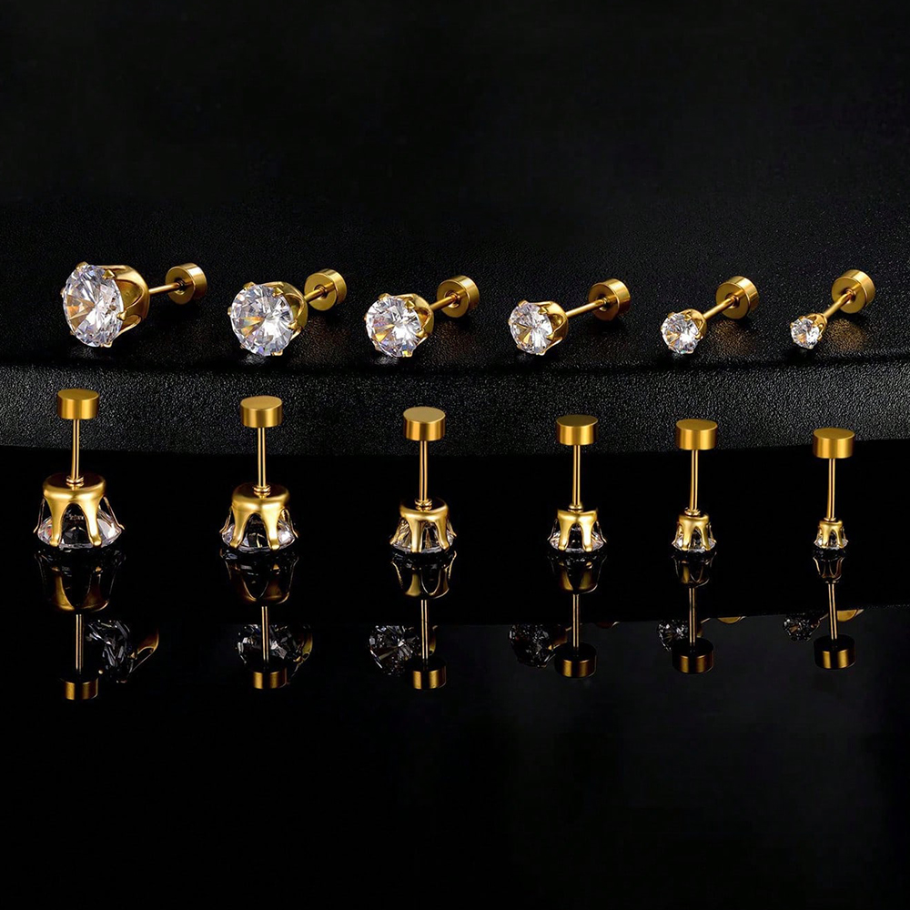 6 Paires Style Simple Géométrique Incruster Acier Inoxydable Zircon Plaqué Or 14K Boucles D'Oreilles display picture 9