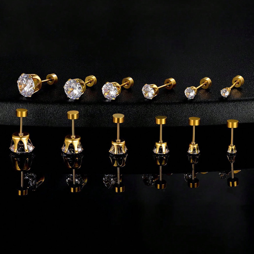 6 Pairs Simple Style Geometric Inlay Stainless Steel Zircon 14K Gold Plated Ear Studs display picture 9