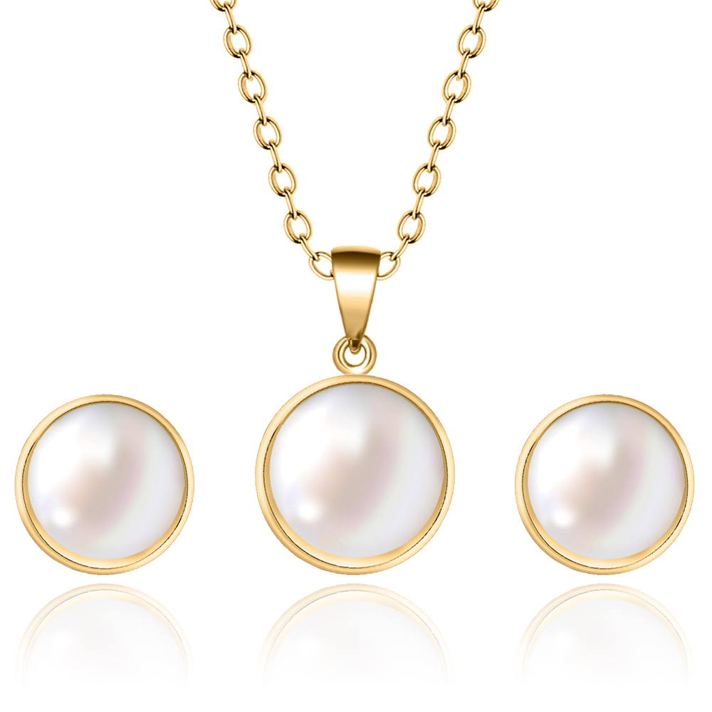 Rostfreier Stahl 18 Karat Vergoldet Elegant Runden Inlay Künstliche Perlen Ohrringe Halskette display picture 1