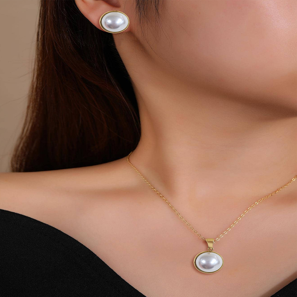 Stainless Steel 18K Gold Plated Elegant Round Inlay Artificial Pearls Earrings Necklace display picture 3