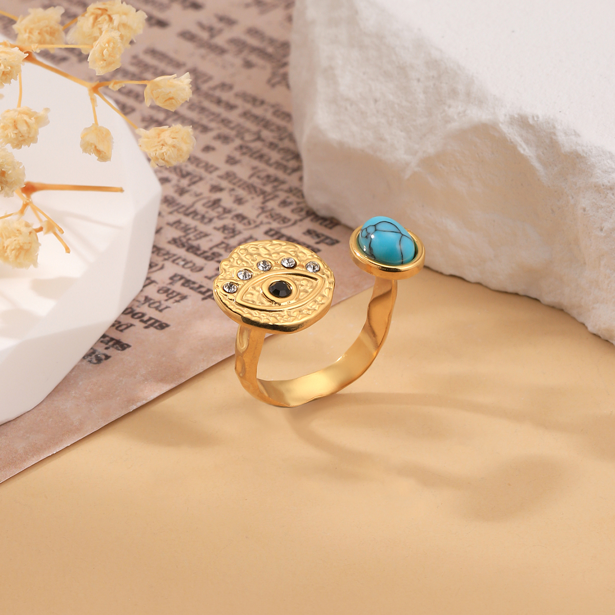 304 Stainless Steel 18K Gold Plated Cute Simple Style Flower Natural Stone Turquoise Zircon Open Rings display picture 4