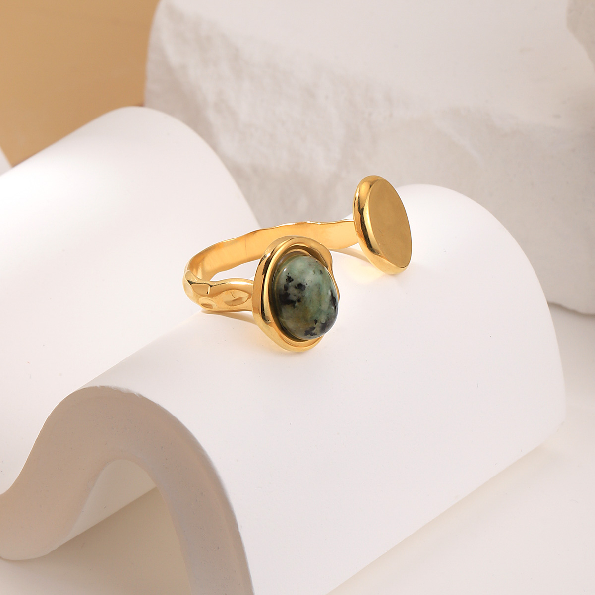 304 Stainless Steel 18K Gold Plated Cute Simple Style Flower Natural Stone Turquoise Zircon Open Rings display picture 6