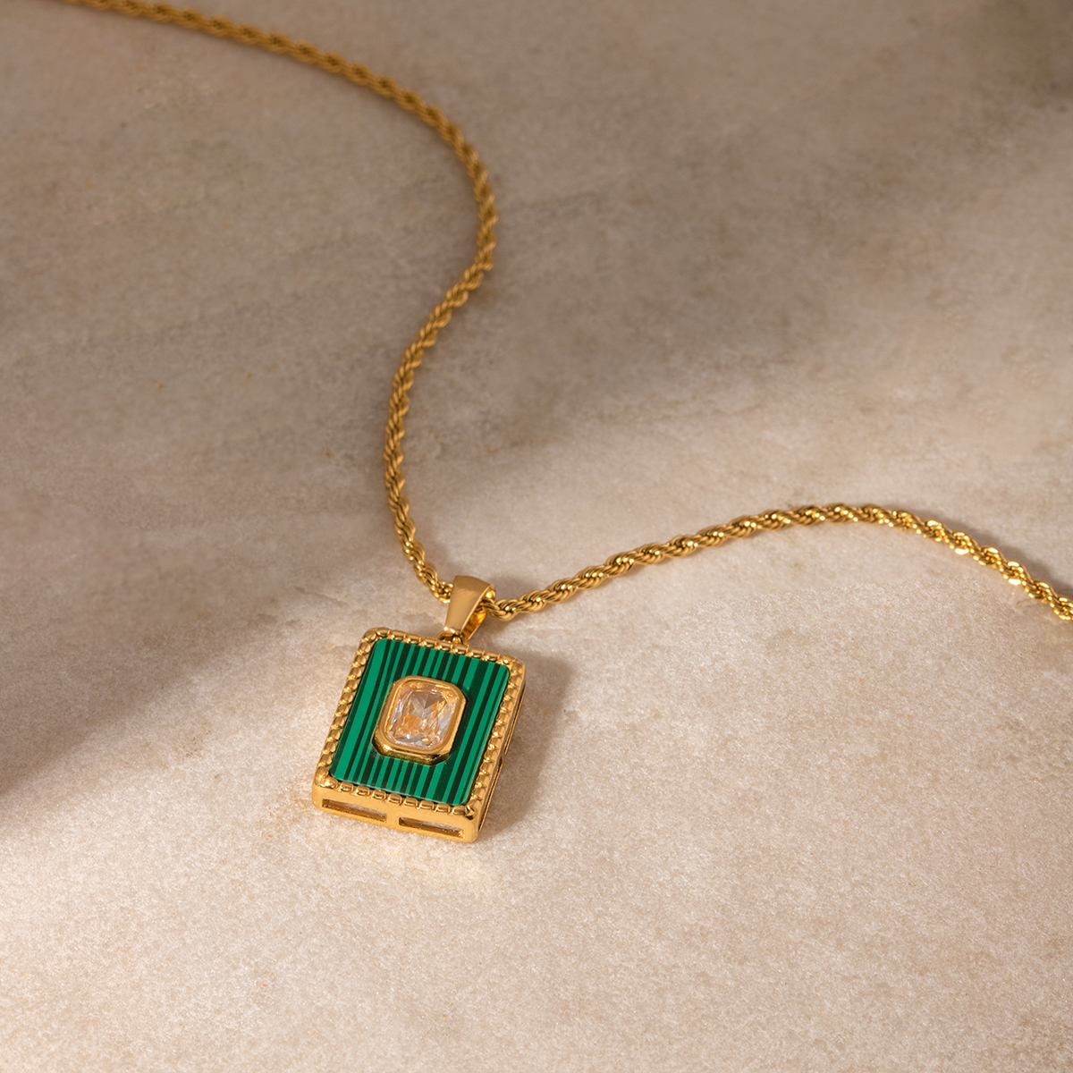 Stainless Steel 18K Gold Plated IG Style Square Inlay Malachite Zircon Pendant Necklace display picture 3