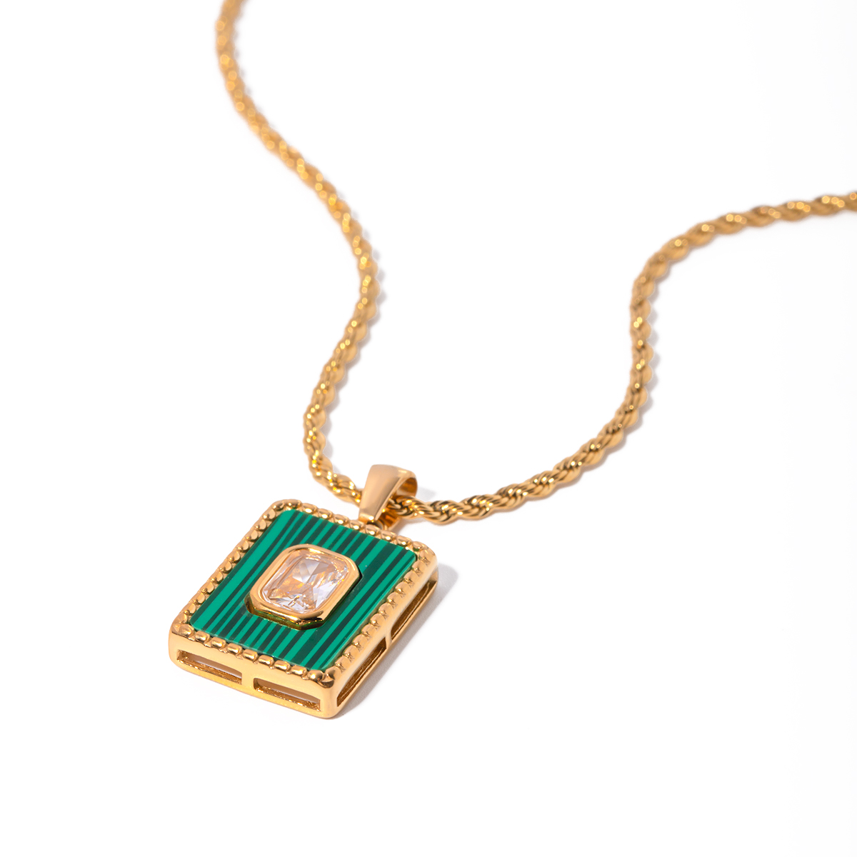 Stainless Steel 18K Gold Plated IG Style Square Inlay Malachite Zircon Pendant Necklace display picture 6