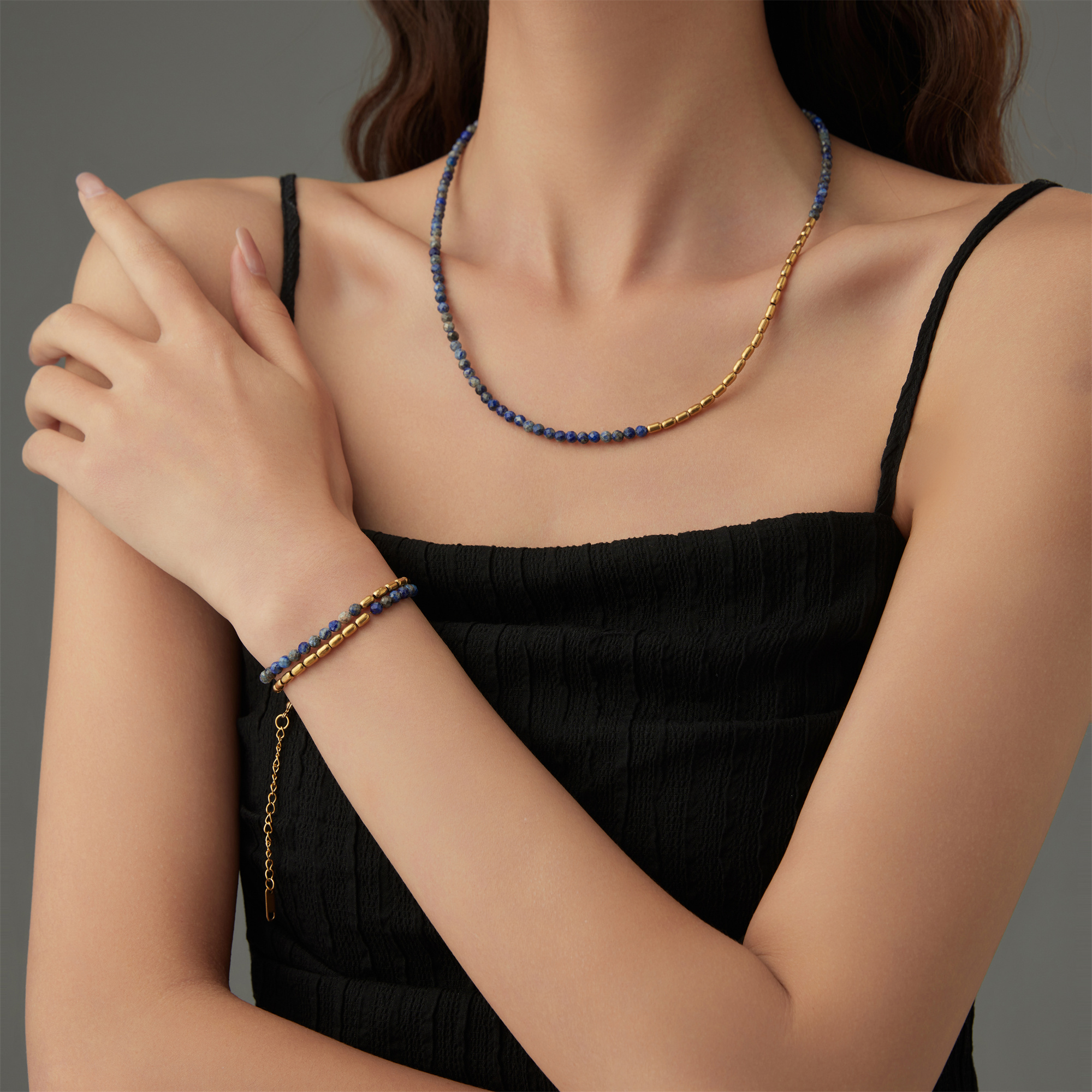 Elegant Glam Luxurious Geometric Stainless Steel Agate Lapis Lazuli 18K Gold Plated Women's Bracelets Necklace display picture 5