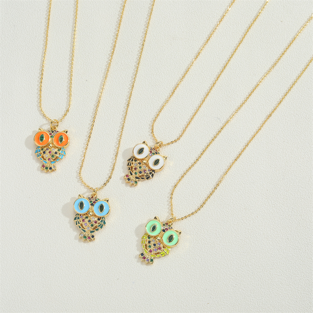 Copper 14K Gold Plated Vintage Style Simple Style Commute Enamel Inlay Owl Zircon Pendant Necklace display picture 2