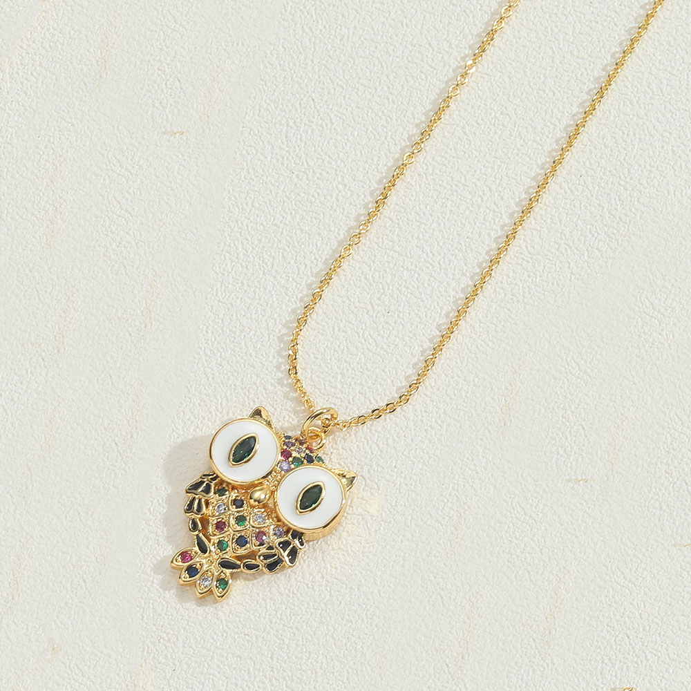 Copper 14K Gold Plated Vintage Style Simple Style Commute Enamel Inlay Owl Zircon Pendant Necklace display picture 5