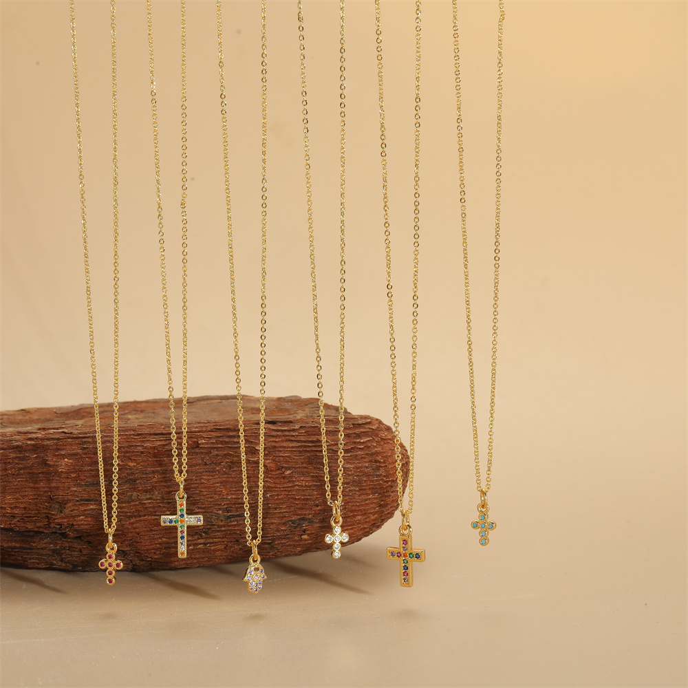 Copper 14K Gold Plated Vintage Style Simple Style Commute Inlay Cross Palm Zircon Pendant Necklace display picture 4