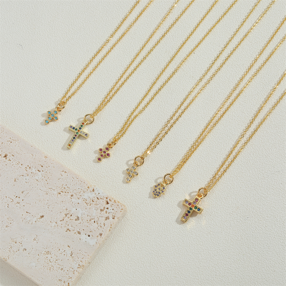 Copper 14K Gold Plated Vintage Style Simple Style Commute Inlay Cross Palm Zircon Pendant Necklace display picture 2