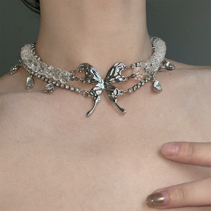 Casual Hip-Hop Butterfly Arylic Alloy Inlay Rhinestones Silver Plated Women's Choker display picture 6
