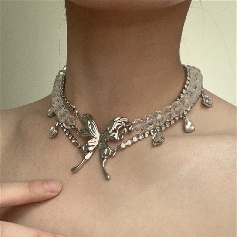 Casual Hip-Hop Butterfly Arylic Alloy Inlay Rhinestones Silver Plated Women's Choker display picture 5