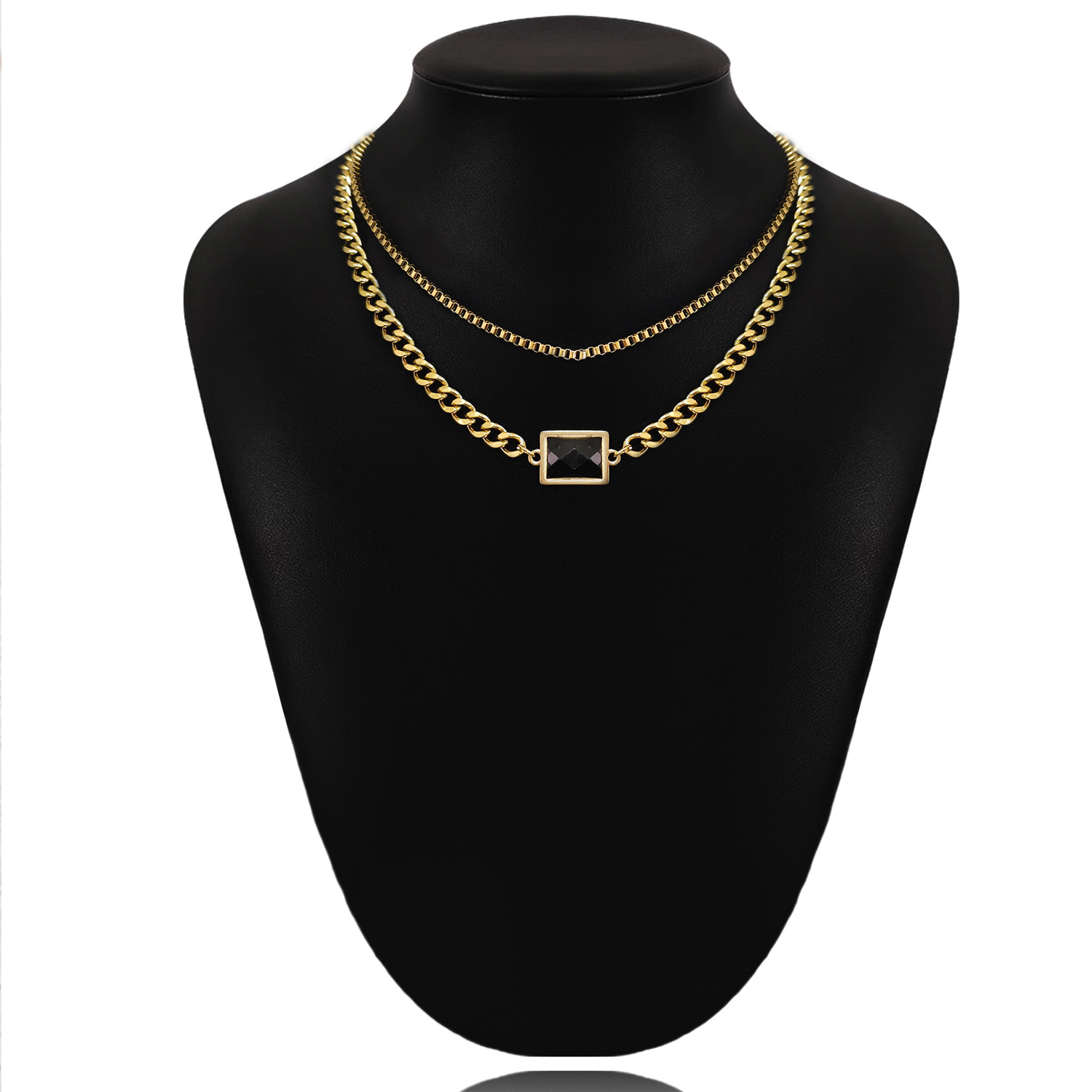 Stainless Steel Gold Plated Retro Roman Style Geometric Inlay Artificial Gemstones Double Layer Necklaces display picture 1