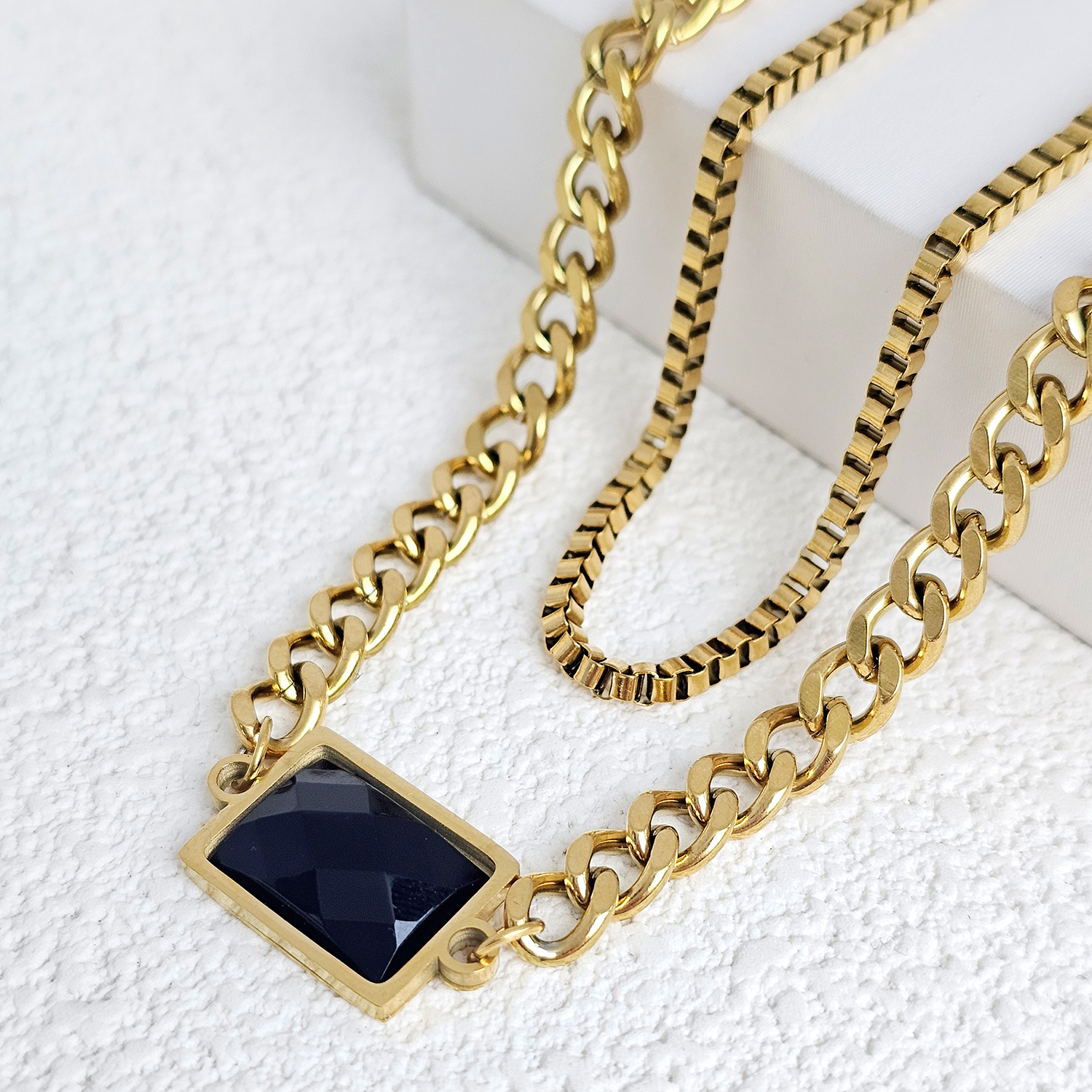 Stainless Steel Gold Plated Retro Roman Style Geometric Inlay Artificial Gemstones Double Layer Necklaces display picture 2