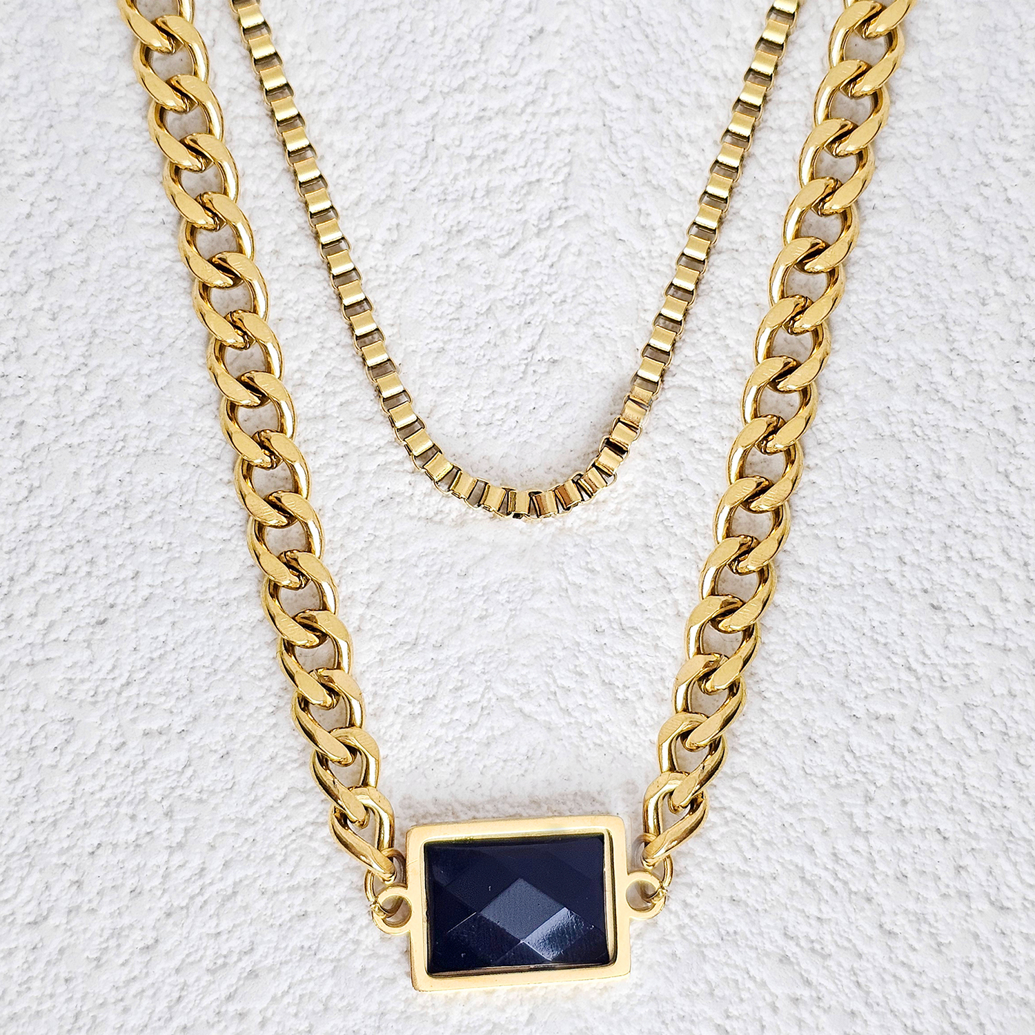 Stainless Steel Gold Plated Retro Roman Style Geometric Inlay Artificial Gemstones Double Layer Necklaces display picture 4