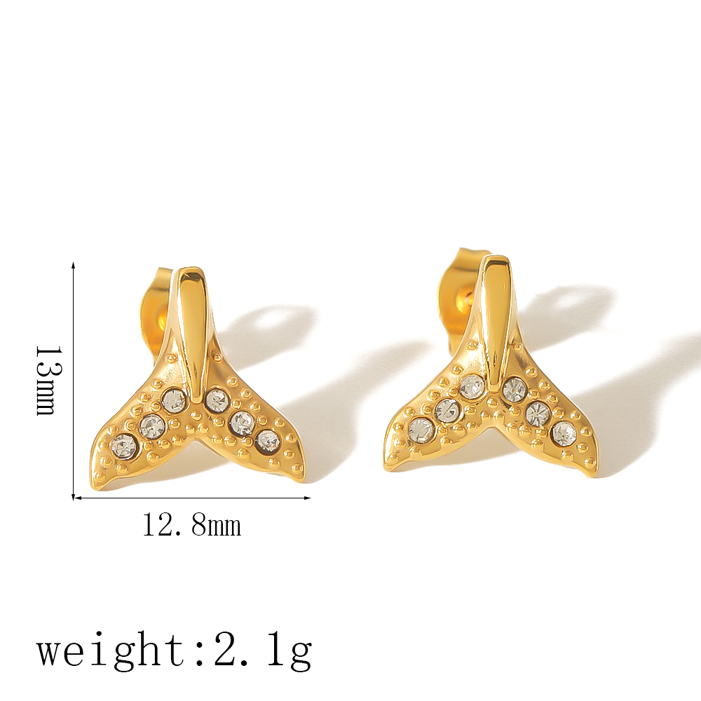 1 Pair Elegant Glam Crown Fish Tail Polishing Plating Inlay 304 Stainless Steel Zircon 18K Gold Plated Ear Studs display picture 5