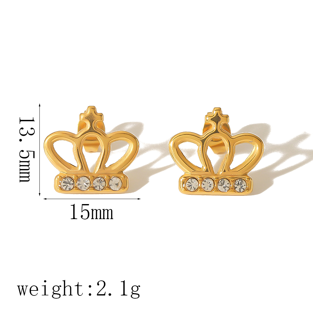 1 Pair Elegant Glam Crown Fish Tail Polishing Plating Inlay 304 Stainless Steel Zircon 18K Gold Plated Ear Studs display picture 6