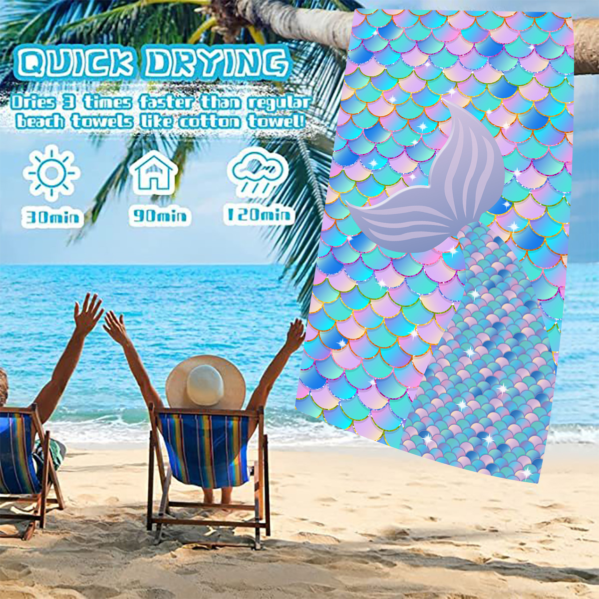 Vacation Tortoise Mermaid Superfine Fiber Beach Towel display picture 5