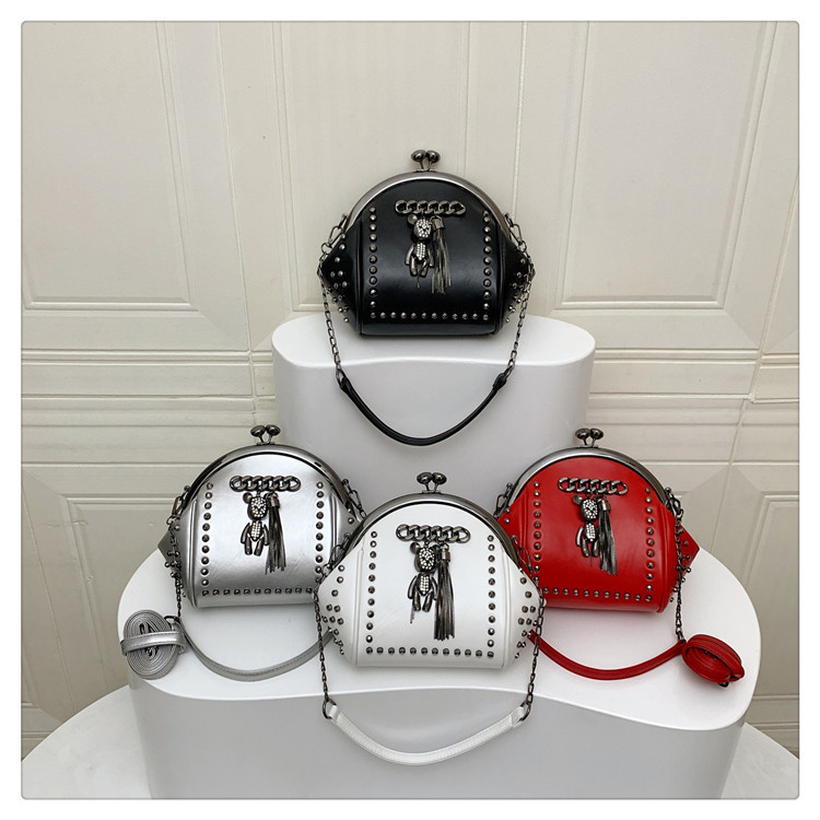 Women's Small Pu Leather Little Bear Streetwear Tassel Rivet Buckle Dome Bag display picture 2